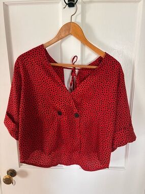 Topshop Red V-Neck Short Sleeve Blouse with Black Spot Print